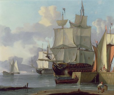 Nederlandse oorlogsschepen aangemeerd aan een kade door Jan Claesz Rietschoof